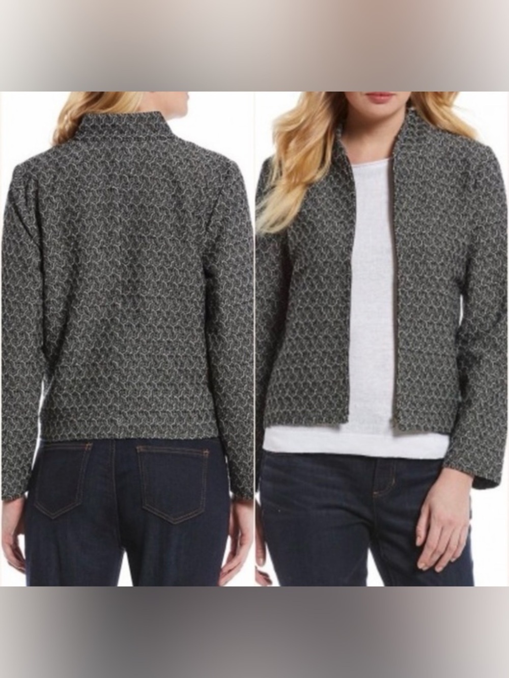 Eileen Fisher Jacquard Flight Jacket Large Black White Zip Boxy Textured Blazer